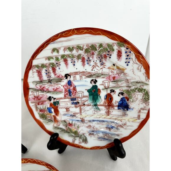 Japanese Antique China Three & Ins. Plates Geisha Floral Structures 1921-1941 - Picture 4 of 7